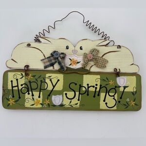 Happy Spring Bunny Wooden Wall Sign - Green & Cream